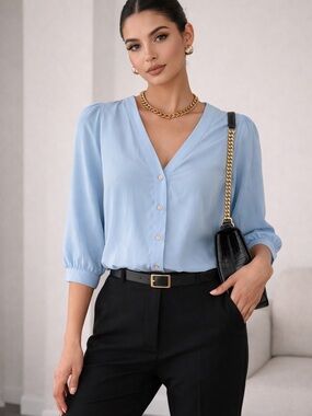 Women's Classic Light Blue V-Neck Button Blouse